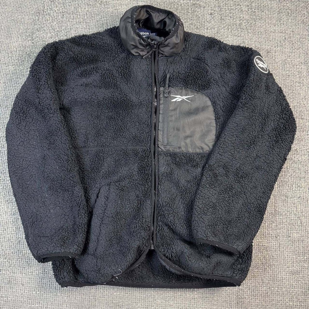 Reebok Sherpa Fleece Jacket Mens Small Black Full Zip Gorpcore Padded Collar